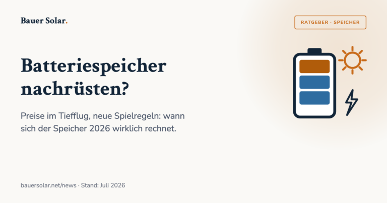 Titelgrafik: Batteriespeicher nachrüsten 2026 – Preise, neue Regeln und wann sich der Speicher rechnet