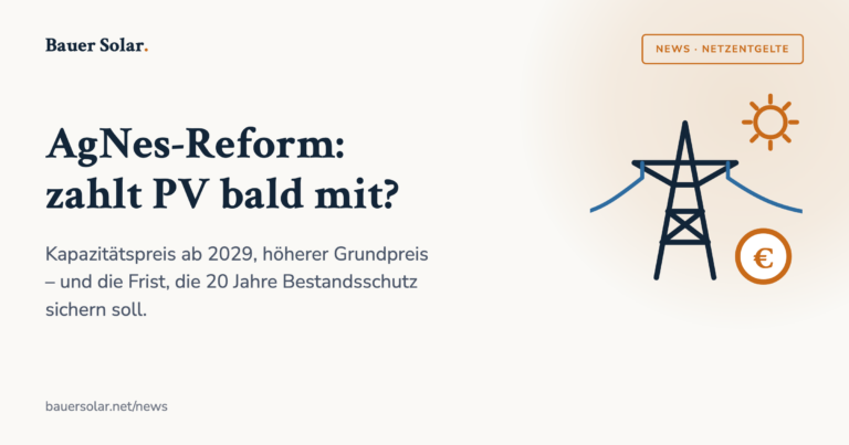 Titelgrafik: AgNes-Reform – zahlt Photovoltaik bald Netzentgelte mit? Strommast, Euro-Münze und Sonne im Bauer-Solar-Stil